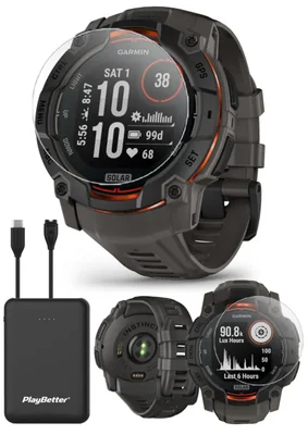 Paquete de relojes inteligentes GPS PlayBetter Garmin Instinct 3 Solar de 50 mm (negro/carbón) para exteriores bisel metálico linterna integrada