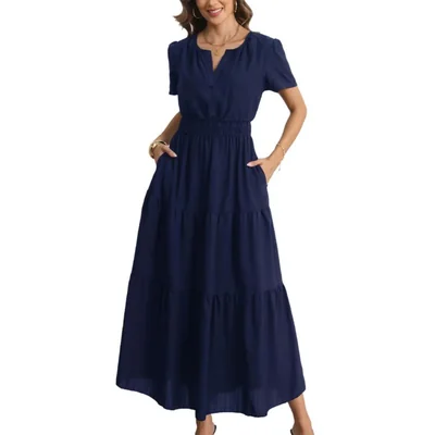 Vestido Maxi de Manga Corta Azul con Bolsillos – Rainday