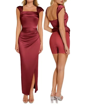 Vestido Maxi Popilush Rojo con Hombros Descubiertos y Control de Figura Talla L