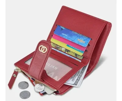 Cartera billetera compacta acolchada roja con cierre y broche dorado