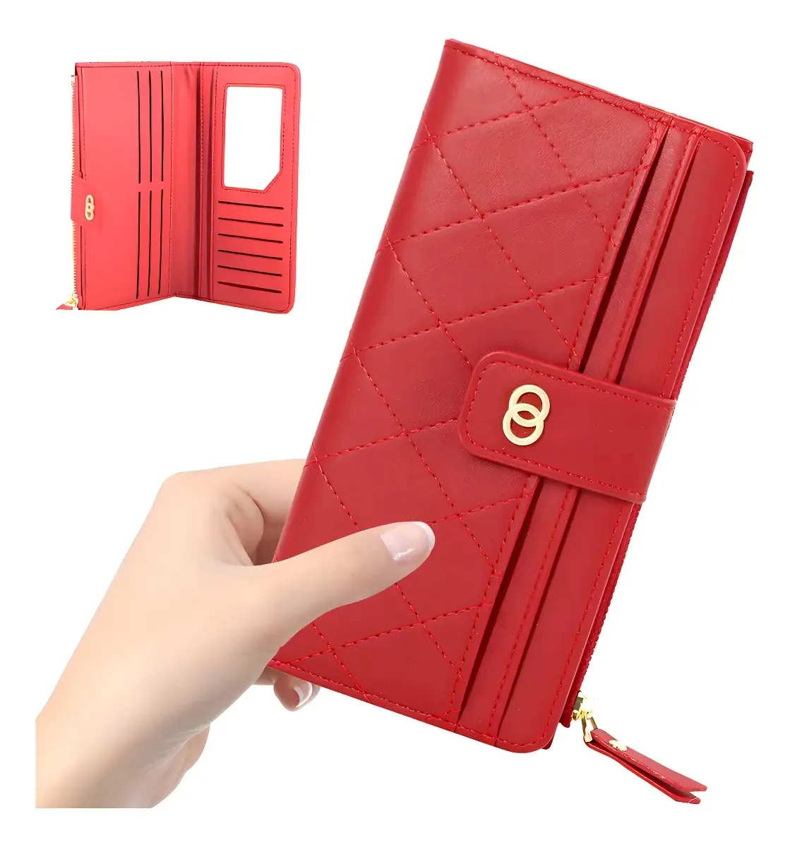 Cartera larga para mujer con diseño acolchado y espejo interior