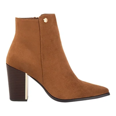 Bota de mujer, de tipo texana, con tacón alto y ancho, corta, acabado ante, color camel, mod. 1312958