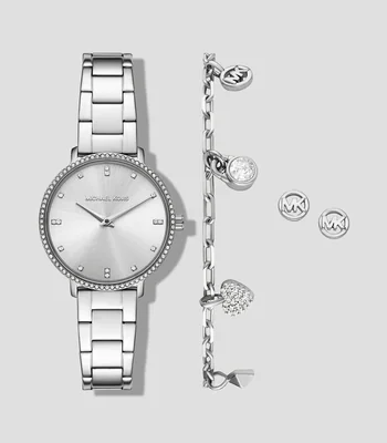 Set de Reloj con Accesorios Reloj, Pulsera y Aretes para Mujer Clásico Pyper Plateado