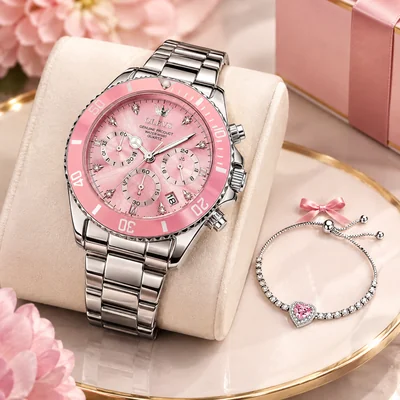 OLEVS Reloj Cronógrafo de Cuarzo para Mujer con Pulsera - Esfera Rosa y Brazalete de Acero Inoxidable