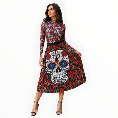 Set Falda Y Blusa Catrina Calaca Mexicana Día Muertos