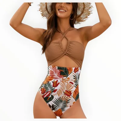 Traje De Baño Completo Mujer Halter Cruzado Estampado