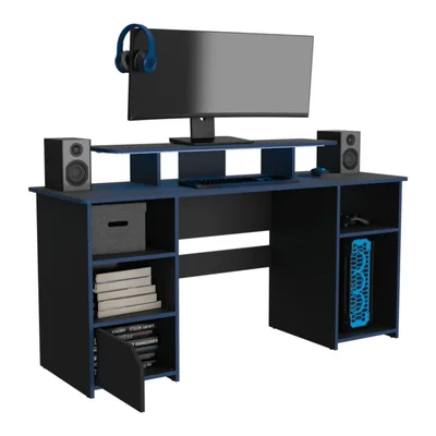 Escritorio Gamer Trollino Wengue y Azul con Luz Led Virtual Muebles