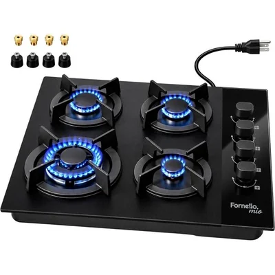 Parrilla Empotrable Gas 4 Quemadores Cristal Templado 5mm Negro Fornello mio