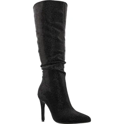 Bota alta de tacón aguja con pedrería negra para mujer