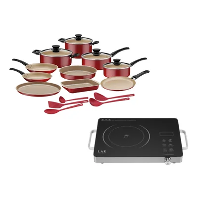 Combo Parrilla Electrica Lar / Fussion 5 Niveles 1000W + Bateria Tramontina Coimbra 19 Piezas Roja ENDY5