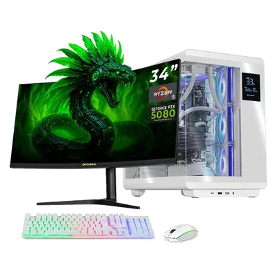 Pc gamer dxt rtx 5080 ryzen 9 32gb ddr5 2tb monitor 34 white