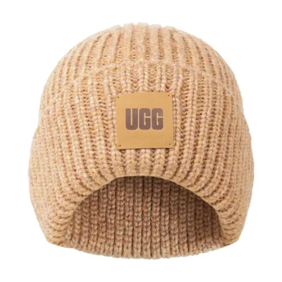 Gorro UGG para mujer con logotipo acanalado grueso camel acrílico nailon y lana