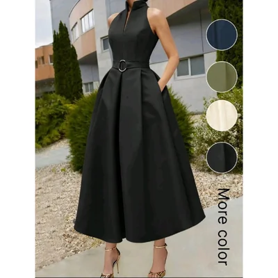 Vestido Elegante para Dama de Fiesta, Corte Línea A, Cuello en V, Sin Mangas y Cintura Ajustable con Cinturón