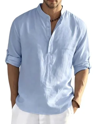 Camisa Casual Hombre Marinity Cuello Mao Azul Cielo