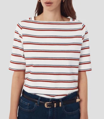 Playera cuello redondo manga corta a rayas Mujer