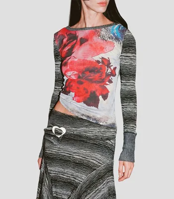 Playera cuello redondo manga larga estampada Mujer