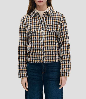 Chaqueta De Tweed A Cuadros Marino Y Castaña Cuello Camisero Puño Y Ruedo Ajustables Mujer