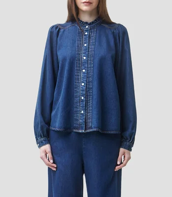 Blusa de mezclilla lisa con manga larga Mujer