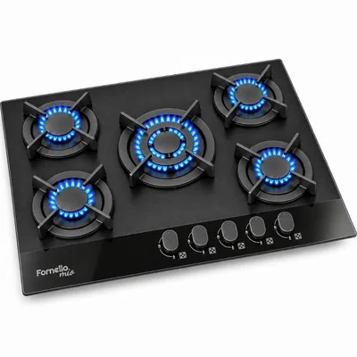 Parrilla Gas 5 Quemadores Vidrio Templado Acero Inox Premium Negro Fornello mio