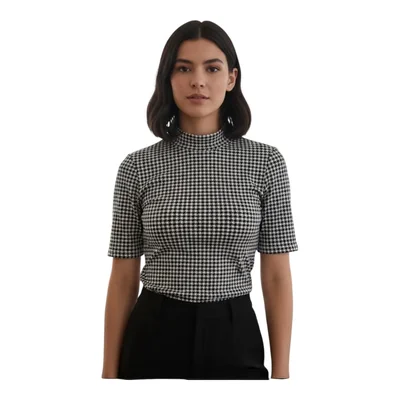 Blusa de manga corta con patrón pata de gallo