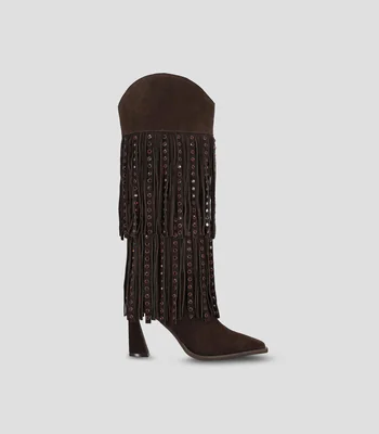 Botas altas con tacón alto y cuadrado en gamuza con flecos Mujer