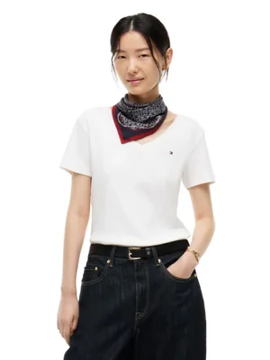 Camiseta Tommy Hilfiger XS Ecru de Punto Canelado y Cuello en V