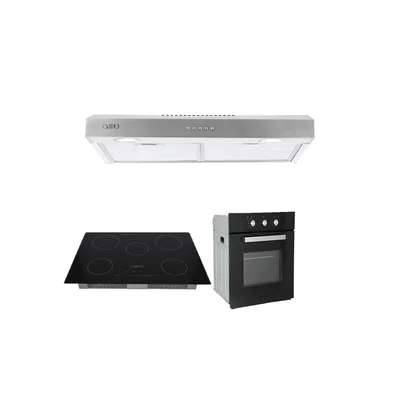 Campana de cocina acero inoxidable 80cm Thory + Parrilla eléctrica inducción 5 quem 76cm Kelvin +Horno eléctrico cristal