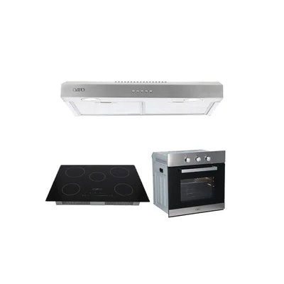 Campana de cocina acero inoxidable 75cm Thory + Parrilla eléctrica inducción 5 quem 76cm Kelvin + Horno eléctrico acero