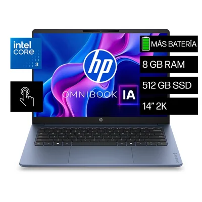 Laptop HP OmniBook 3 AI 14-ht0031la, Intel Core 3, 8 GB RAM, 512 GB SSD, 14" Táctil 2K, Windows 11 Home