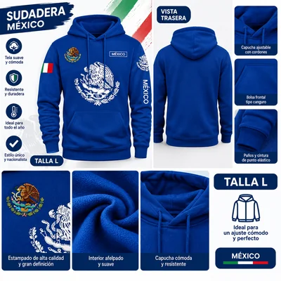 Sudadera Capucha México Azul Rey Estampado Nacional Talla L Con Bolsillo Canguro Interior Afelpado