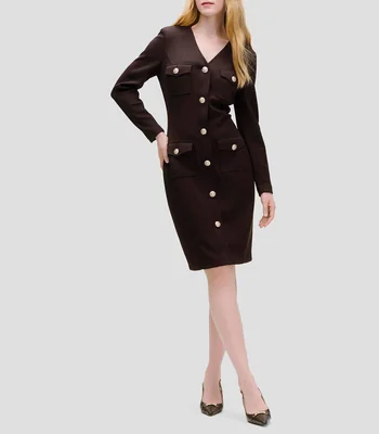 Vestido Entallado Escote V Multibolsillos Mujer