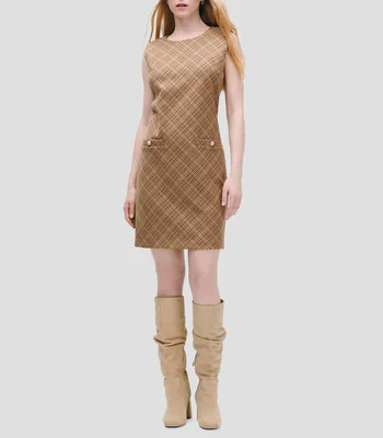 Vestido Silueta H Jacquard De Punto Pata De Gallo Escote Redondo Mujer