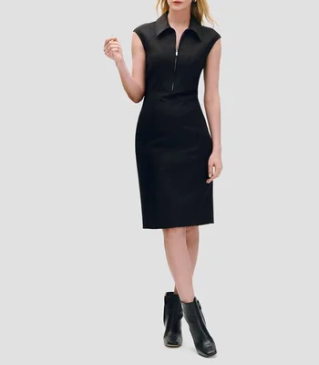 Vestido Negro Ajustado Fraccionado Cuello Camisero y Cierre Mujer