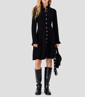 Vestido Midi Manga Larga Sólido Mujer
