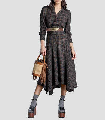 Vestido midi manga larga con cuadros Mujer