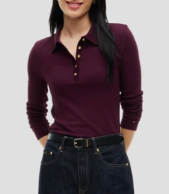 Playera tipo polo acanalada manga larga lisa Mujer