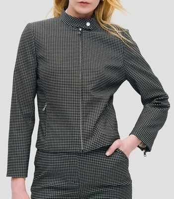 Chaqueta stretch a cuadros cuello alto cierres metálicos Mujer