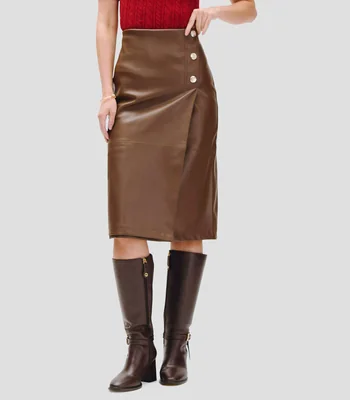 Falda midi envolvente fraccionada vinipiel cocoa botones decorativos Mujer