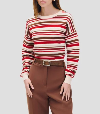 Suéter tejido de punto a rayas rojo y crema escote redondo Mujer