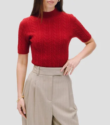 Suéter tejido trenzado rojo carmesí cuello perkins manga corta Mujer
