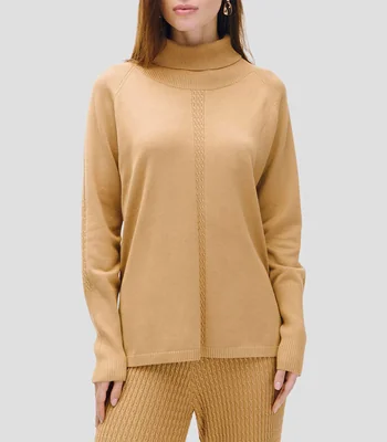 Suéter tejido combinado camel manga ranglan detalles calados Mujer