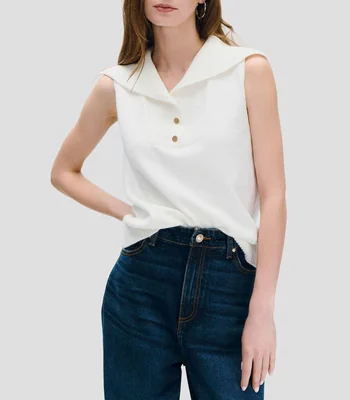 Chaleco off-white tejido en combinación con cuello con solapa y botones Mujer