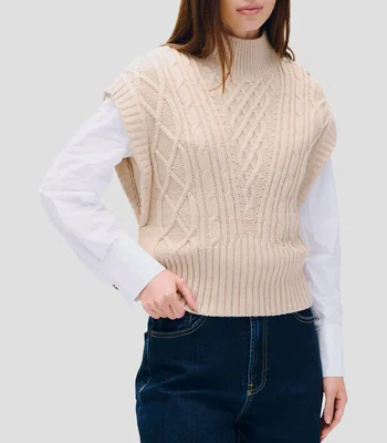 Chaleco tejido combinado trenzado arena cuello perkins botones en hombro Mujer