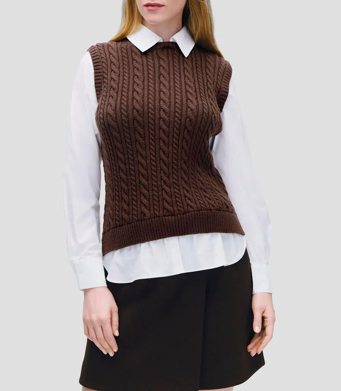 Chaleco Tejido de Cable Chocolate Camisa Simulada Mujer
