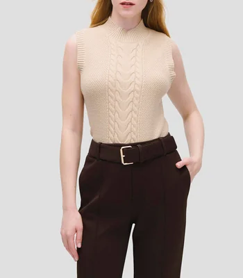 Chaleco Tejido Panal Combinado Beige Cuello Perkins Mujer