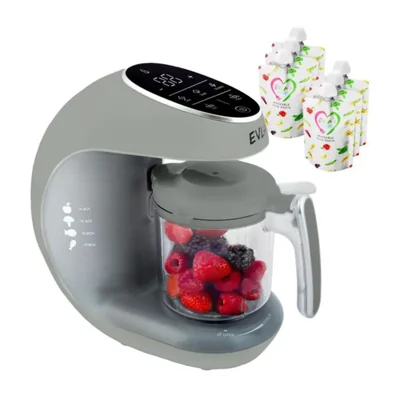 EVLA'S Procesador de Alimentos para Bebé 4 en 1 - Licuadora y Vaporera con Pantalla Táctil con 6 bolsas de alimentos reutilizables incluidas - Gris
