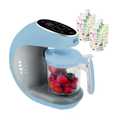 EVLA'S Procesador de Alimentos para Bebé 4 en 1 - Licuadora y Vaporera con Pantalla Táctil con 6 bolsas de alimentos reutilizables incluidas - Azul