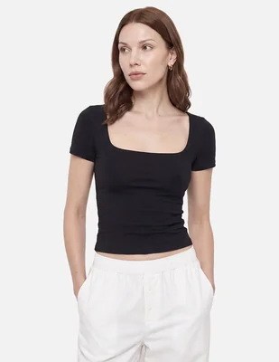 Blusa top contour manga corta y cuello cuadrado manga corta para mujer