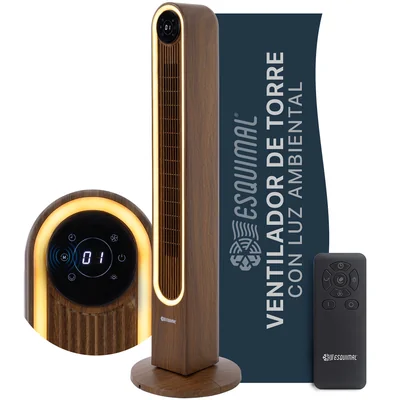 Ventilador de Torre 106cm con Luz LED Cálida Panel Táctil Abanico Giratorio Temporizador Control Remoto Caoba ESQUIMAL