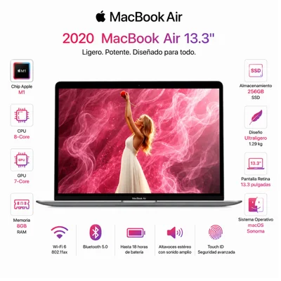 Laptop Apple MacBook Air 13.3" Chip M1 CPU 8 núcleo, 8GB RAM, 256GB SSD, macOS, Gris Espacial / Plata (Reacondicionado)
